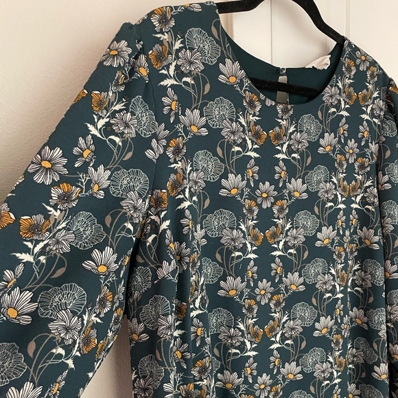 Caslon Long Sleeve Crewneck A-Line Shift Midi Dress, Green Yellow Floral Size 3X - Picture 2 of 10